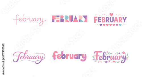 Pastel February Lettering. Soft pastel February lettering palette. Set lettering. harmonious lettering variations of the same emblematic concept, each with
