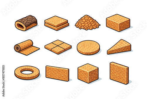 Cork Material Icons. Cork materials. Colorful isometric vector icons set of cork materials: raw cork bark, sliced cork sheet, cork granules, cork block, cork