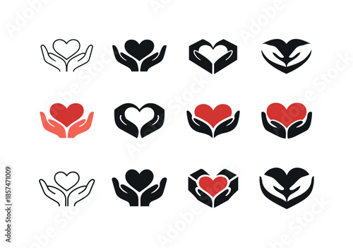 Grateful Heart Logos. grateful heart. Icon set. Set Logo of grateful heart: hands holding heart. harmonious logo variations of the same emblematic concept,