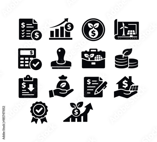 Renewable Project Icons. Renewable project funding. Solid icon set of renewable project funding: funding document, financial chart, renewable investment badge,