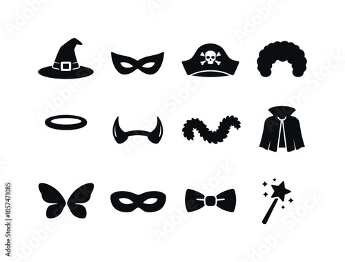 Costume Party Icons. Costume party outfit. Solid icon set of costume party outfit: witch hat, superhero mask, pirate hat, clown wig, angel halo, devil horns,