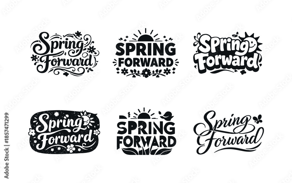 Fototapeta premium Diverse Lettering Styles Grid. Spring Forward. Set lettering. harmonious lettering variations of the same emblematic concept, each with different artistic