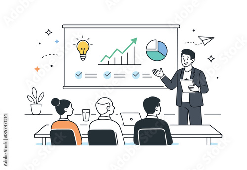 Investor Pitch Presentation. Pitching to investors. An entrepreneur presenting a simple deck on a screen to seated figures. Confident storytelling and trust,