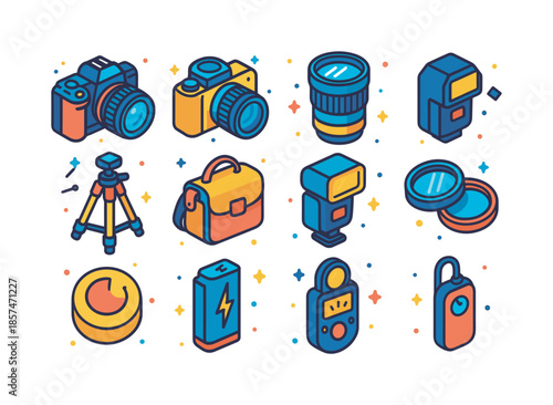 Colorful Photography Icons. Photography. Colorful isometric vector icons set of photography: DSLR camera, mirrorless camera, camera lens, memory card, tripod,