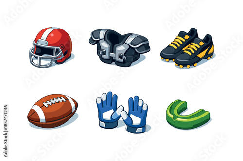 Football Gear Icons. Football Gear. Isometric flat vector icons set of football gear: football helmet, shoulder pads, cleats, football ball, receiver gloves,
