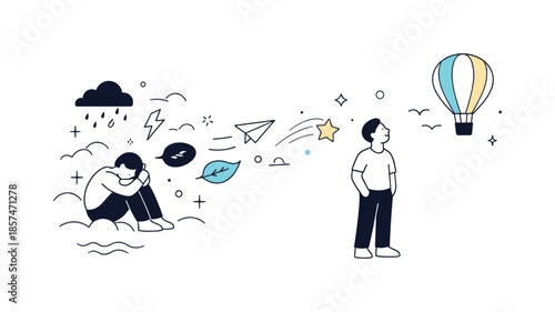 Airy Transition. Mood in transition. Abstract elements drifting from dense to open space, suggesting air becoming lighter and calmer. Gentle editorial scene