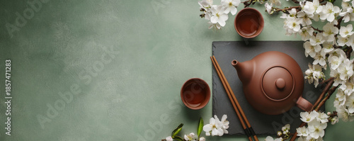 Traditional Clay Teapot with Blossoms on Green Banner Background