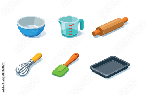 Baking Tools Icons. Kitchen Baking Tools. Isometric flat vector icons set of kitchen baking tools: mixing bowl, measuring cup, rolling pin, whisk, silicone