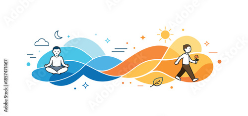 Color Shift Harmony. Cold to warm color shift. Abstract shapes flowing from cool hues into warmer tones, suggesting movement and gradual transformation. Clean