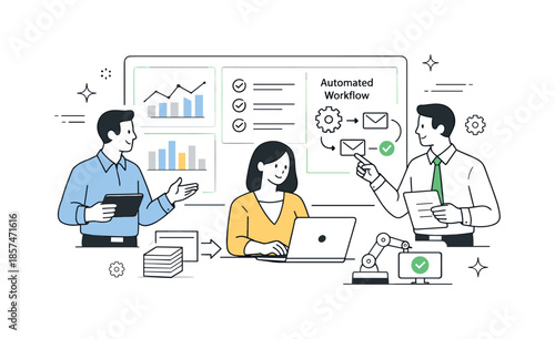 Digital Transformation Collaboration. Business digital transformation. Professionals collaborating around a modern dashboard, replacing outdated workflows with