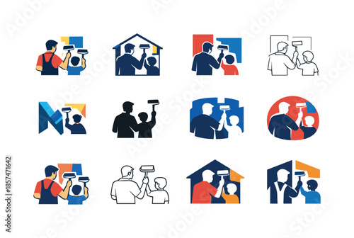 Father-Son Renovation Logos. A father and son working together on a home improvement project. Icon set. Set Logo of A father and son working together on a home