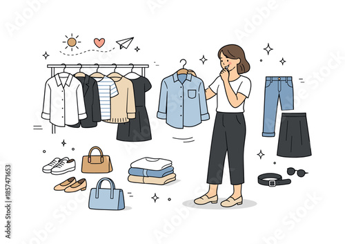 Timeless Wardrobe Choices. Capsule wardrobe concept. A small selection of timeless clothing items displayed with a thoughtful character choosing pieces, sense