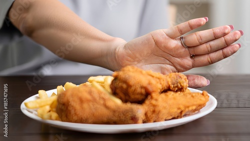 Woman Refusing Fried Chicken and Fries - Healthy Eating Concept