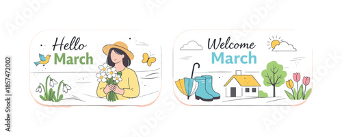 March Seasonal Banner. March seasonal banner templates. A soft editorial banner with rounded panels, floating abstract elements, and gentle shadows creating