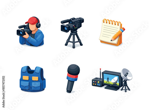 Isometric News Icons. Field Reporting. Isometric flat vector icons set of News Reporting: reporter with camera, tripod, notepad, press vest, portable