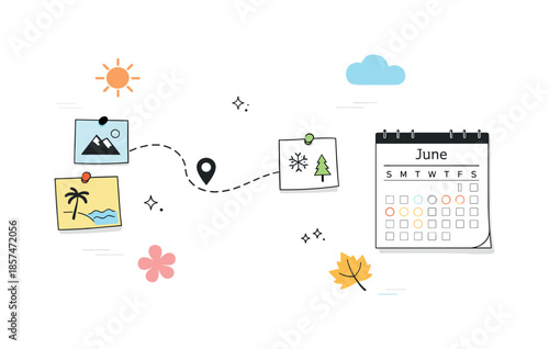 Minimal Travel Planning. Seasonal travel planning visuals. A minimal composition of pinned notes, route lines, and a calendar page, with abstract seasonal