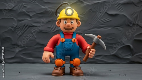 Cartoon miner figure holding pickaxe with helmet in playful pose  