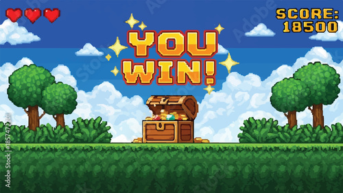Retro Pixel Art Video Game 'YOU WIN!' Victory Screen with Treasure Chest and Gold Coins