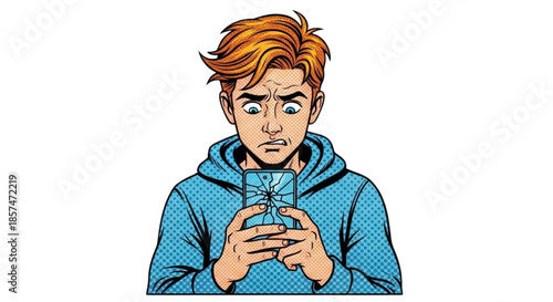 Teenage boy looking worried at broken phone screen in blue hoodie  