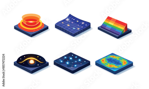 Deep Space Icons. Deep space observation. Isometric flat vector icons set of deep space observation: infrared scan waves, distant universe grid, light spectrum