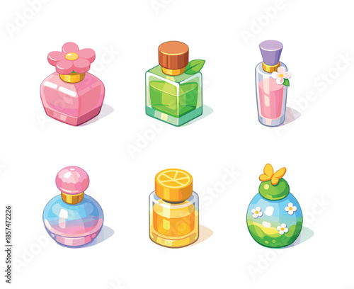 Spring Perfume Collection. Spring scent collection. Isometric flat vector icons set of Spring scent collection: blossom perfume bottle, fresh green aroma