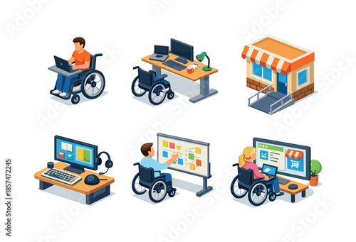 Inclusive Business Icons. Disabled entrepreneurship. Isometric flat vector icons set of disabled entrepreneurship: wheelchair user working at laptop,