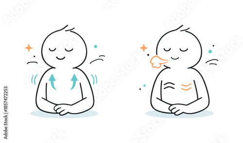 Mindful Breathing Illustration. Breathing Awareness. A simple character inhaling and exhaling, shown with smooth curved lines and soft motion symbols around