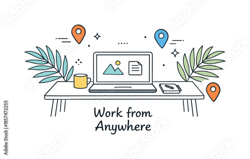Remote Work Bliss. Work from anywhere concept. A laptop placed on a simple desk with palm leaves and location pin icons around. Relaxed productivity and