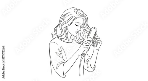 Young woman styling hair with hot air brush in minimalist outline design  