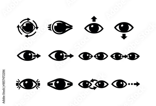 Eye Movement Icon Set. Eye muscles movement. Solid icon set of Eye muscles movement: eyeball rotation arrows, eye muscles, upward gaze, downward gaze, left