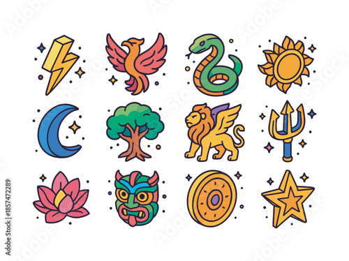 Mythical Icons Grid. Mythological Symbols. Colorful isometric vector icons set of Mythological Symbols: thunderbolt emblem, phoenix crest, serpent totem, sun