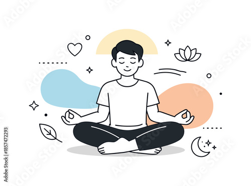 Inner Peace Illustration. Wellbeing concept. A calm character centered in a balanced pose with soft abstract shapes around, expressing inner peace