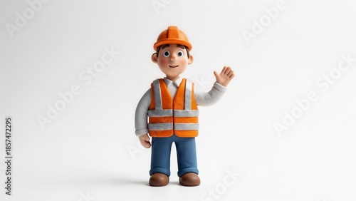 Cartoon construction worker waving in safety gear with orange vest  