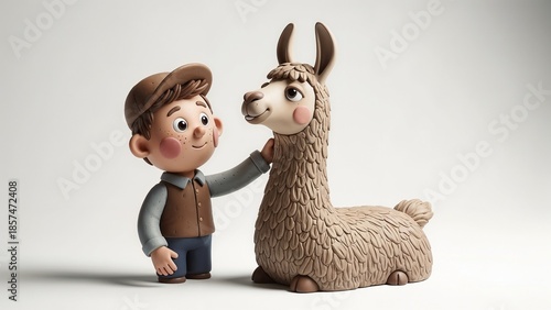 Boy interacting with llama in playful pose, colorful animation style  