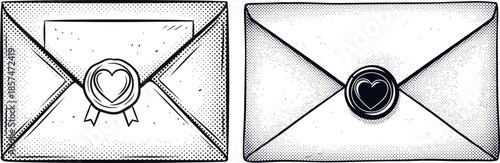 Hand-drawn vintage envelope set with heart wax seal for love letters and wedding invitations. Retro stippled illustration of romantic stationery and epistolary correspondence.