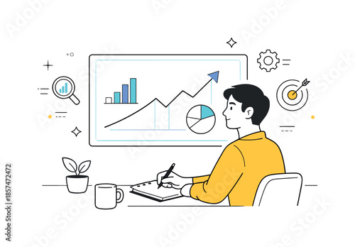 Data-Driven Analysis. Data-driven growth. A person analyzing charts and upward trends on a screen. Calm concentration and confidence, minimal graphs and