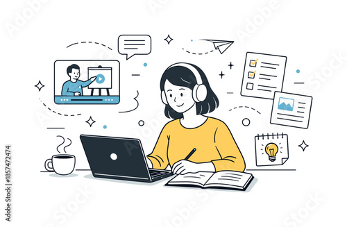 Calm Online Learning. Online education. Student learning from a laptop with video lessons and notes floating around, showing focused and comfortable remote