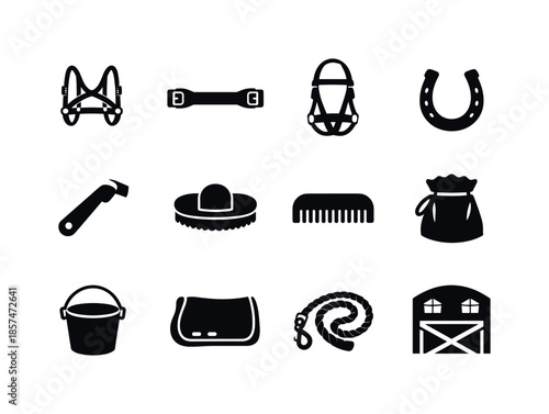 Horse Gear Icons. Winter sleigh ride. Solid icon set of horse gear: harness, saddle strap, bridle, horseshoe, hoof pick, grooming brush, mane comb, feed bag,