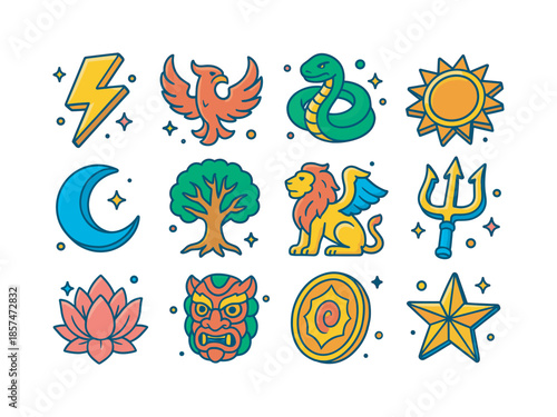 Mythical Icons Grid. Mythological Symbols. Colorful isometric vector icons set of Mythological Symbols: thunderbolt emblem, phoenix crest, serpent totem, sun