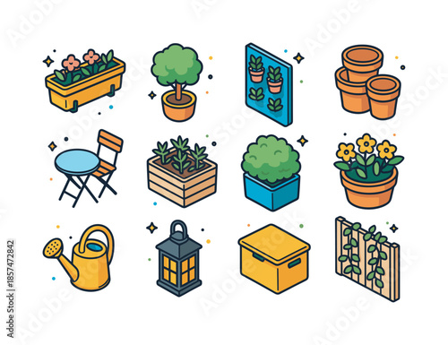 Colorful Balcony Plant Icons. Small balcony or patio plants. Colorful isometric vector icons set of Small balcony or patio plants: rectangular railing planter