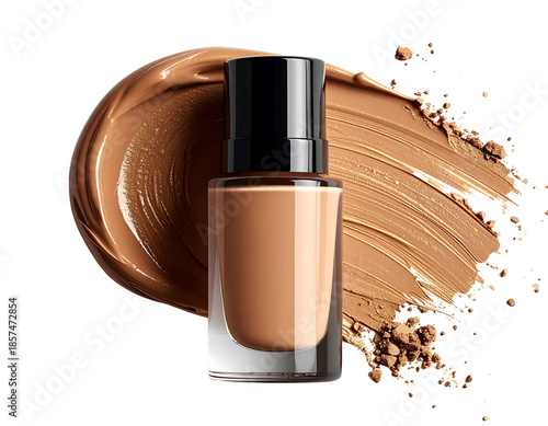 A bottle of liquid foundation with a smear of makeup on a white background.