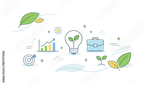 Spring Business Renewal. Spring corporate background. Light abstract forms with gentle curves, leaf-like accents, and fresh color highlights. Renewal, growth,