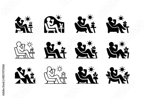 Daily Work Logo Variations. Daily work routine scenes. Icon set. Set Logo of Daily work routine scenes: taking a short break. harmonious logo variations of the
