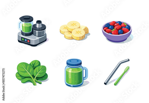 Colorful Smoothie Icons. Healthy smoothies. Isometric flat vector icons set of healthy smoothies: blender juicer combo, banana slices, berries mix bowl,