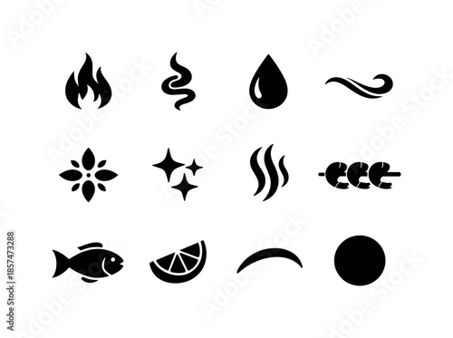 Shrimp Skewer Icons. Shrimp skewer decorative symbols. Solid icon set of shrimp skewer decorative symbols: flame rise, smoke curl, droplet, swirl line, garnish