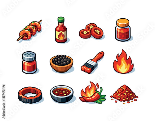 Spicy Shrimp Icons. Spicy shrimp skewers. Colorful isometric vector icons set of spicy shrimp skewers: chili-marinated shrimp skewer, hot sauce bottle, sliced
