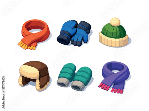 Cold Weather Icons. Cold weather wear. Isometric flat vector icons set of cold weather wear: wrapped scarf loop, insulated gloves, knitted hat cuff, faux fur