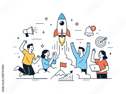 Team's Rocket Celebration. Product launch. Team celebrating release with a rocket or notification icons, symbolizing market entry. Positive energy with clean