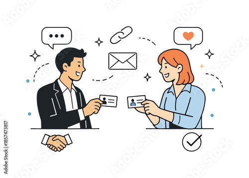 Professional Networking Exchange. Networking and connections. Two professionals exchanging contact cards and messages, building relationships and trust. Warm,