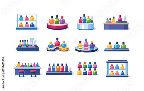 Perfume Icons Showcase. Perfume Display. Colorful flat vector icons set of Perfume Display: glass shelf stand, rotating display tray, lighted pedestal,